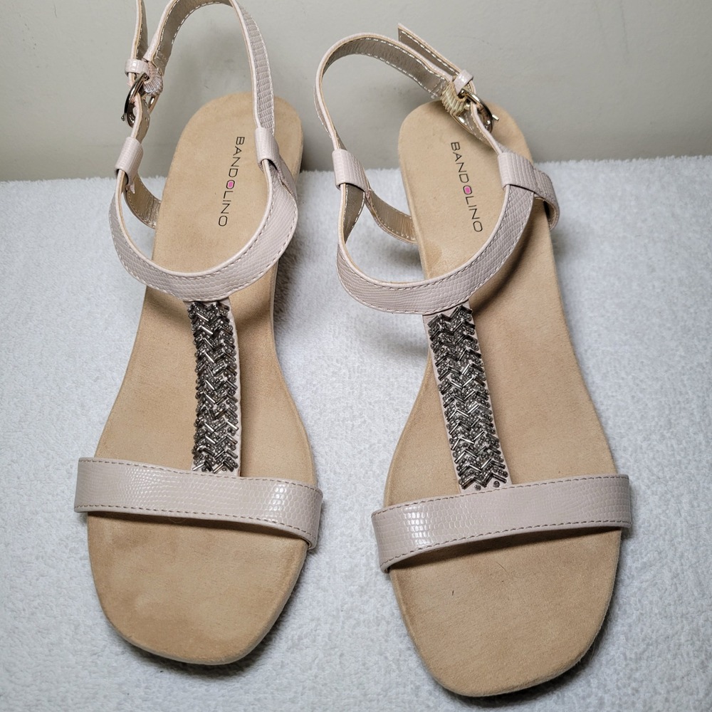 Bandolino Womens Beige Beaded T-Strap Wedge Sandals Snake Size 8.5M